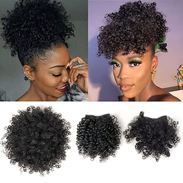 UAmy hair Afro Puff Drawstring Ponytail with Bangs for Black Women Afro High Puff Bun with Replaceable Spring Curl Bangs and Afro Puff Bangs Protective Styles for Natural Hair Synthetic Hair Extension