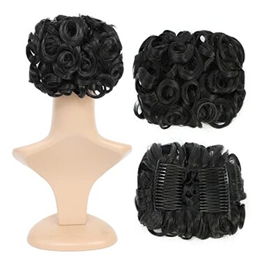 SWACC Short Messy Curly Dish Hair Bun Extension Easy Stretch hair Combs Clip in Ponytail Extension Scrunchie Chignon Tray Ponytail Hairpieces Off Black1B