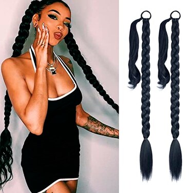 LyoRuSi 2 Pack Long DIY Braided Ponytail Extension with Hair Tie Straight Wrap Around Hair Extensions Ponytail1B