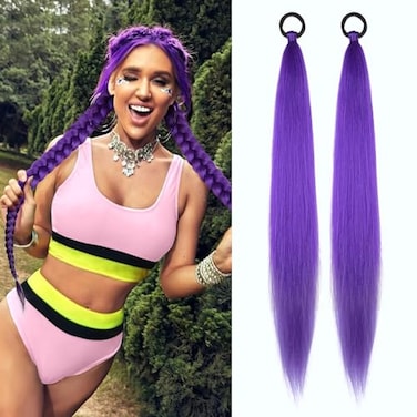 LyoRuSi 2 Pack Purple Ponytail Extension with Elastic Tie Straight Sleek Wrap Around Braid Ponytail 26 Inch Purple
