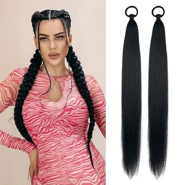 LyoRuSi Black Ponytail Extension 2 Pack Braid Ponytail Extension with Elastic Tie Straight Sleek Wrap Around Braid Hair Extensions Ponytail 26 Inch Black
