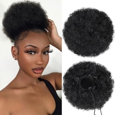 quesdom Afro Puff Ponytail Extension Synthetic Black 80 Grams Afro Puff Drawstring Clip on Kinky Curly Bun for Black Women1B Black