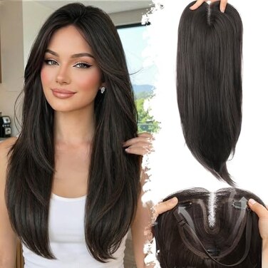Eawwii Dark Brown Synthetic Hair Toppers for Women with Thinning 5x6 inch Large Base Coverage Clip in Wispy Bangs Upgraded Adjustable Bandage 24 Inch Long Layered
