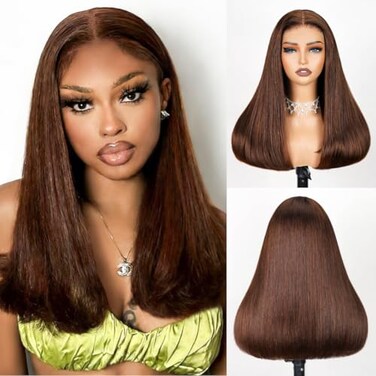 Arabella Glueless Wigs Human Hair 5x6 Chocolate Brown Wig 230 Density Pre Plucked Bleached Pre Cut Wig 12A Real Blunt Cut Drouble Drawn Wigs 18inch