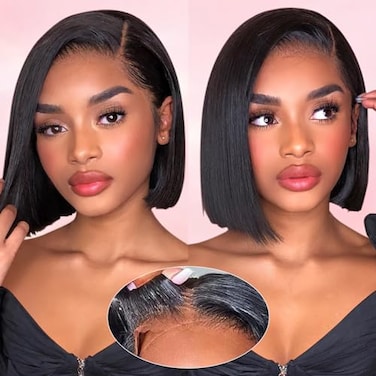 AISI Bob Wigs Human Hair Straight Bob Lace Front Wigs Black 8inch