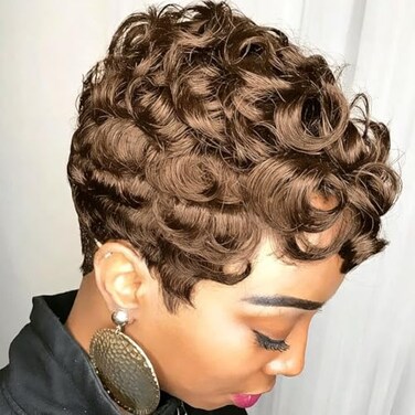 MOONSHOW Short Pixie Wigs for Black Women Auburn Brown Pixie Cut Wig with Bangs Auburn Short Curly Wigs for Black Women Natural Short Wigs