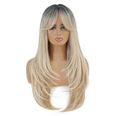 SWACC Long Layered Straight Wig with Bangs Synthetic Hair Wig for Women with Wig Cap Brown Root Ombre Blonde