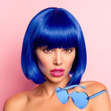 MIUSKATL Wig and Sunglasses 12 Inch Short Bob Wigs with Bangs for Women Costume Cosplay Party Blue