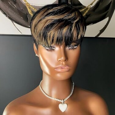 RICONEY Pixie Cut Wig Human Hair Wigs for Black Women Short Bob Wig Ombre None Lace Front Wig with Bangs Glueless Full Machine Made Wig 1B33 Color