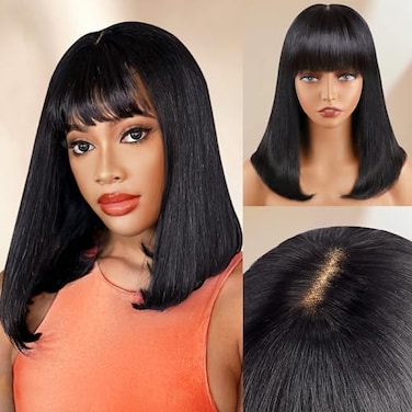 Lativ Bob Wig with Bangs Human Hair 4x2 Lace Bob Wig Human Hair with Bangs 150 Density Middle Part Natural Black16 InchBob With Bangs