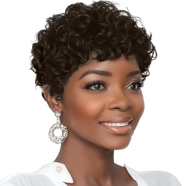 MOONSHOW Short Pixie Cut Wigs for Black Women Dark Brown Short Curly Pixie Wigs Brown Curly Wigs for Black Women Synthetic Pixie Haitcut Wig