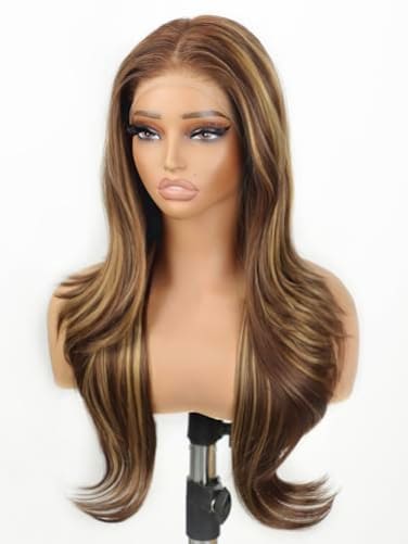 cuiud Honey Brown Lace Front Highlight Wig 13x4 HD Glueless Highlight Synthetic Lace Wigs for Beginners Brown Layered Wave Wig for Women 26inch