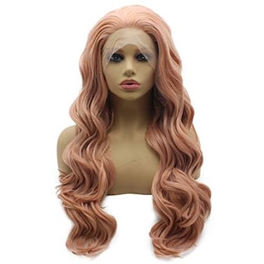 iwonawig Long Wavy Peach Pink Half Hand Tied Synthetic Lace Front Wig Heat Friendly Fiber