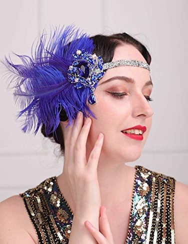 Aimimier 1920s Flapper Feather Headband Royal Blue Sapphire Headpiece with Sparkling Crystal Head Chain Masquerade Hair Accessories for Women