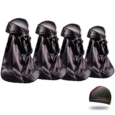 ForceWave 4PCS Silky Durags for Men Women 360 Waves with 1 Wave Cap Silky Satin Durag Extra Long Tails Black Black Black Black