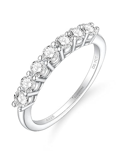 SILVERNANA 07ct 7Stone Moissanite Wedding Band for Women Sterling Silver Half Eternity Stackable Ring Promise Band for Her Size 95