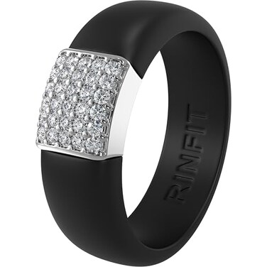 Rinfit Womens Silicone Wedding Ring Engagement Ring for Women Promise Rings for Her with Cubic Zirconia Black Silver Size 7