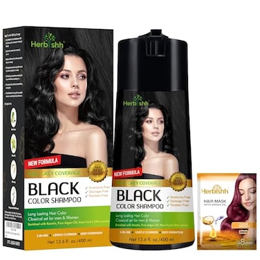 Herbishh Hair Color Shampoo for Gray Hair Enriched Formula with Keratin Tuber Fleece Flower Full Grey Coverage Easy to Use Long lasting Instant Black 400ml