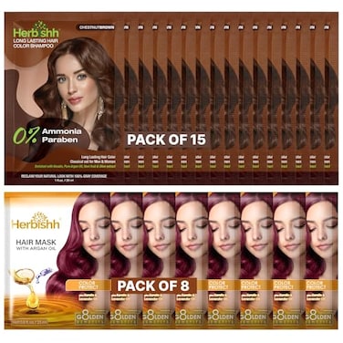 Herbishh Travel Pack Hair Dye Color Shampoo 8 pc Argan Hair Mask Sachet Chestnut Brown 15 Sachets