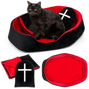 Memorywuu 3 Pcs Gothic Cat Bed Set with 19 Inch Washable Coffin Cat Bed Black Tombstone Pillow Red and Black Blanket Gothic Pet Furniture Activity Center for Halloween