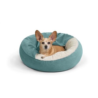 Best Friends by Sheri Cozy Cuddler Ilan Covered Cat and Dog Bed with Attached Blanket Tide Pool Blue 24x24