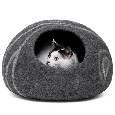 MEOWFIA Cat Cave Premium Felt Cat Bed for Indoor Cats Handmade Merino Wool Dark Gray Large