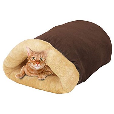 GOOPAWS 4 in 1 Self Warming Burrow Cat Bed Pet Hideway Sleeping Cuddle Cave Brown