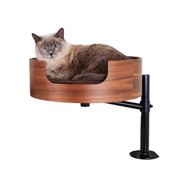 Desk Nest Cat Bed SpaceSaving Elevated Bed for Cats Keeps Desks Clear 360 Adjustable Supports 25 lbs Secure Stylish and Durable Perfect for Home Office Walnut Wood Finish