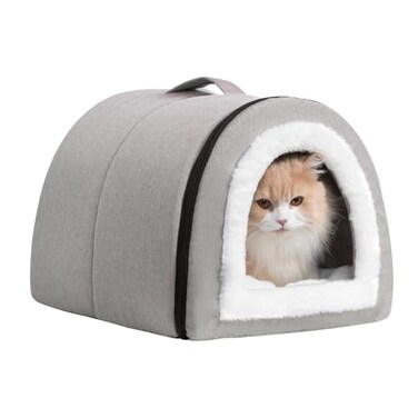 Hollypet Cat Bed SelfWarming 2 in 1 Foldable Kitty Cave Hut House Nest Pet Sleeping Bed Linen Pet Condo for Indoor Cats Gray Arched Cave