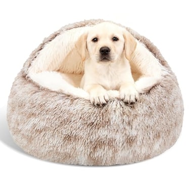 MADDEMCUTE Calming Dog Beds Cat Cave Bed with Hooded CoverRemovable Washable Round Beds for Small Medium PetsAntiSlip Faux Fur Fluffy Coved Bed for Improved SleepFits up to 1525 lbsMedium24x24