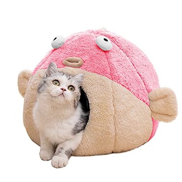 Lcybem Cat Beds for Indoor Cats Cat Bed Cave with Removable Washable Cushioned Pillow Soft Plush Premium Cotton No Deformation Pet Bed Lively Pufferfish cat House Design Pink Multiple Sizes