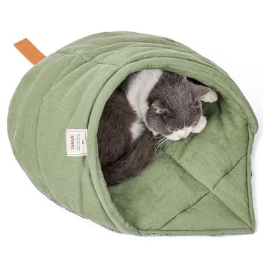TANGN Cat Sleeping BagLinen Fabric Cat Bed Cave Leaf Nest Pet Cuddle Zone Covered Hide Hood Burrowing Cozy Soft Durable Washable with NonSlip Bottom for Indoor Puppy and Kitten Green with Support