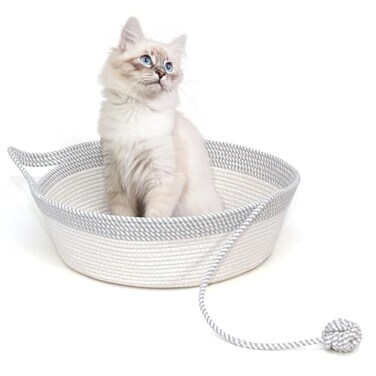 WEAVELYRICS Hand Woven Cat Bed Basket With Toy Tail Cotton Rope Foldable Sleeping Basket Kitten Shaped House for Cats Puppies Rabbits and Small Pets Medium Gray White