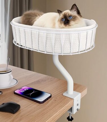 BALORAY Cat Desk Bed Sturdy Cat Bed for Desk Support 45lbsIndoor Desktop Cats Beds for Tables Game Office Desks Attachment17x13 Removable Cotton Cats NestHeavyDuty Metal Frame and Clamp White