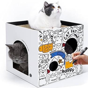 ARGOPET Cardboard Cat House with 2 Story Scratch Pads Cat Play House for Indoor Cats Corrugated Scratcher Box Hideout for Small Animals