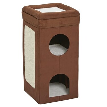 MidWest Homes for Pets Feline Nuvo Curious Cat Condo TriLevel Cat Tree Faux Brown Suede with Hideaways Bed Top Sisal Scratch Panel for Multiple Cats