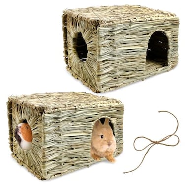 Tfwadmx 2 Pack Rabbit Grass House Natural Hand Woven Seagrass Play Hay Bed Collapsible Hideaway Hut Toy for Bunny Hamster Guinea Pig Chinchilla Ferret
