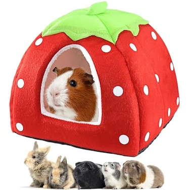 Mygeromon Guinea Pig Bed Rabbit Hideout Warm Fleece Cuddle Cup Washable Winter Sleeping House for Small PetFerretChinchillaBunny Strawberry Style