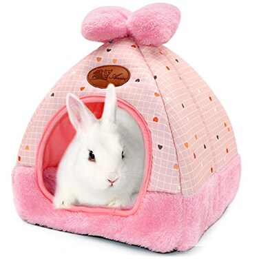 YUEPET Bunny Bed Warm Guinea Pig Cave Beds Cute Bowknot House Big Hideouts Cage Accessorie for Dwarf Rabbits Hamster Bunny Ferrets Rats Hedgehogs Chinchilla Pink Grid