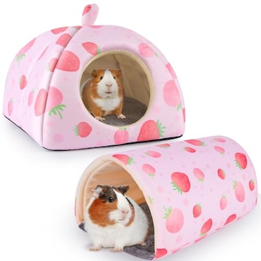 Bienbee Guinea Pig Hideout Washable Rabbit Bed with Guinea Pig Tunnel 2 Pack Guinea Pigs Toys Set Bunny Hideout Cage Accessories for Hamster Ferret Rabbits BunnyPink Strawberry