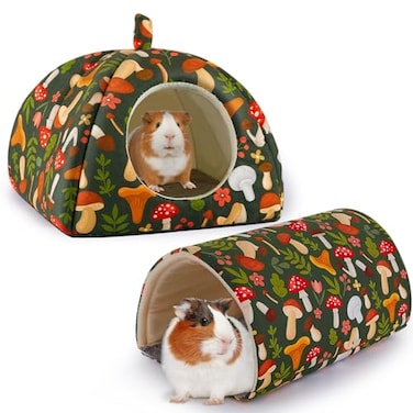 Bienbee Guinea Pig Hideout Washable Rabbit Bed with Guinea Pig Tunnel 2 Pack Guinea Pigs Toys Set Bunny Hideout Cage Accessories for Hamster Ferret Rabbits Bunny Green Mushroom