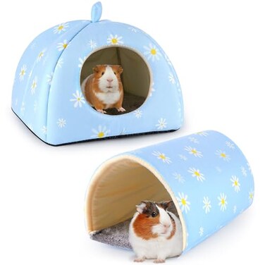 Bienbee Guinea Pig Hideout Washable Rabbit Bed with Guinea Pig Tunnel 2 Pack Guinea Pigs Toys Set Bunny Hideout Cage Accessories for Hamster Ferret Rabbits Bunny Blue Daisy