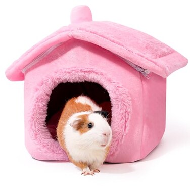 ONEJU Guinea Pig Hideout Guinea Pig Bed Separable Plush Roof Bunny Hideout Rabbit Bed House Bed for Small Pets Pure Pink