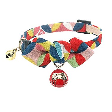 PetSoKoo Diamond Shaped Bowtie Cat Collar with BellJapan Lucky Daruma Charm and Cloisonne Print Crepe FabricSafety BreakawaySoftLightweightSmallRed