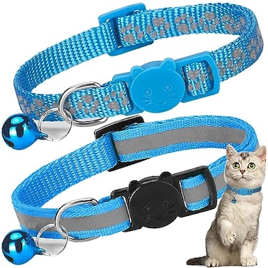 Bosose 2 Pack Cat Collar with Bells Reflective Collars for Cats with Breakaway Safety Buckle Nylon 712 Inch Adjustable Blue