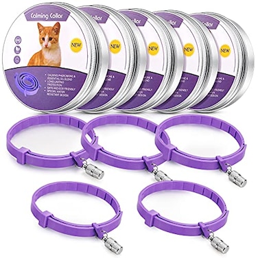 Weewooday 5 Set Calming Collar for Cats Adjustable Waterproof Cat Calming Collars Reduce Anxiety Stress Cat Collars with 5 Pet ID Pendants Purple