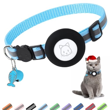 SimpleThings Airtag Cat Collar With Bell and Safety Buckle 38 Width Reflective Collar Waterproof Holder Compatible With Apple Airtag for Cat Dog Kitten Puppy Blue