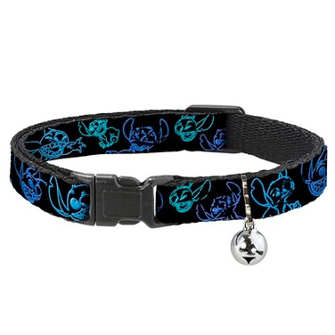 Buckle-Down Disney Breakaway Cat Collar with Bell Plastic Clip Easy Adjustable Electric Stitch Poses Black Neon Blue 85 to 12 Inches 05 Inch Wide
