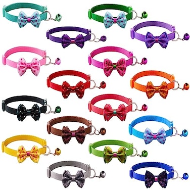 TAMHOO 16 PCS Cute Cat Collars with Bells Breakaway Collars for Girls Small Kittens Pink Bowtie Design Kitten Supplies