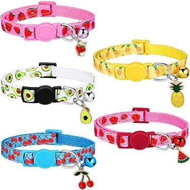 Weewooday 5 Pieces Breakaway Cat Collars with Bell Colorful Summer Fruit Style Adjustable Pet Collar with Pineapple Watermelon Cherry Strawberry Avocado Patterns for Kitten Kitty Cat Tropical Hawaii P